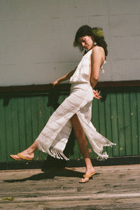 white cotton woven tasseled halter maxi dress