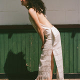 white cotton woven tasseled halter maxi dress