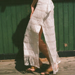 white cotton woven tasseled halter maxi dress