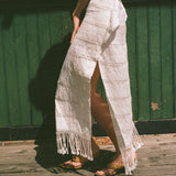 white cotton woven tasseled halter maxi dress
