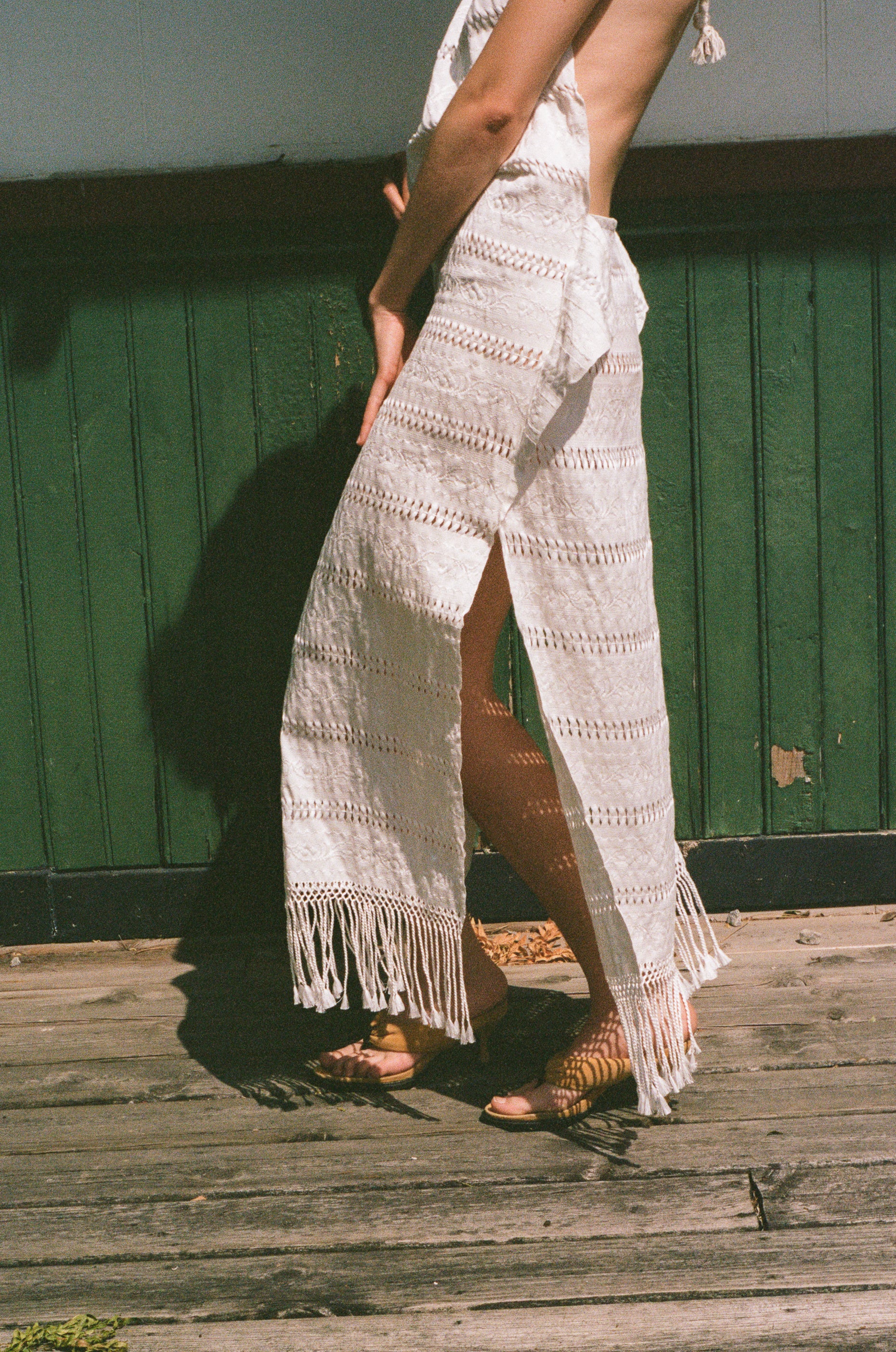 white cotton woven tasseled halter maxi dress