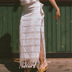 white cotton woven tasseled halter maxi dress