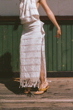 Load image into Gallery viewer, white cotton woven tasseled halter maxi dress
