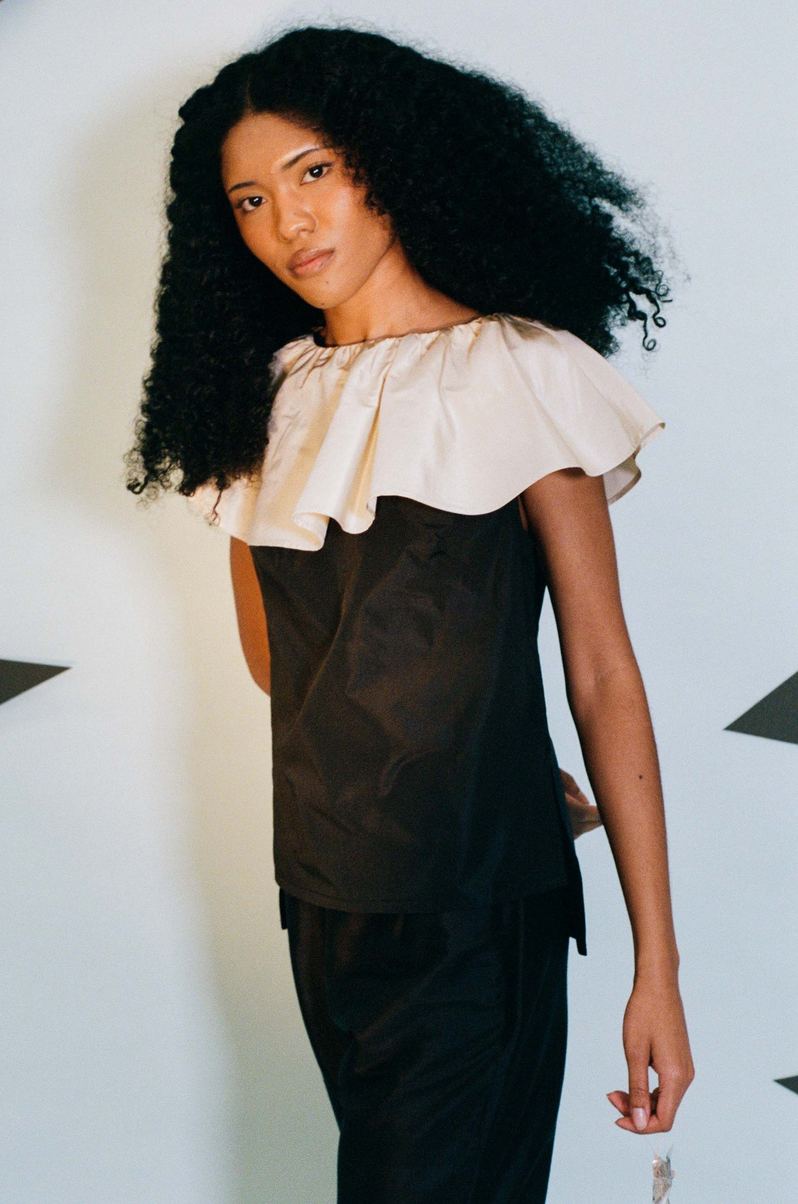 black silk taffeta champagne ruffle clown top