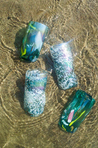 iridescent aqua tropical hand blown tumbler glass