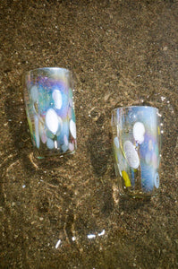 iridescent multi coloured spotted hand blown tumbler glass