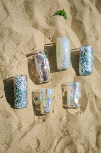 iridescent multi coloured spotted hand blown tumbler glass