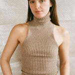 brown cotton lycra sleeveless fitted ribbed turtleneck