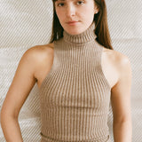 brown cotton lycra sleeveless fitted ribbed turtleneck