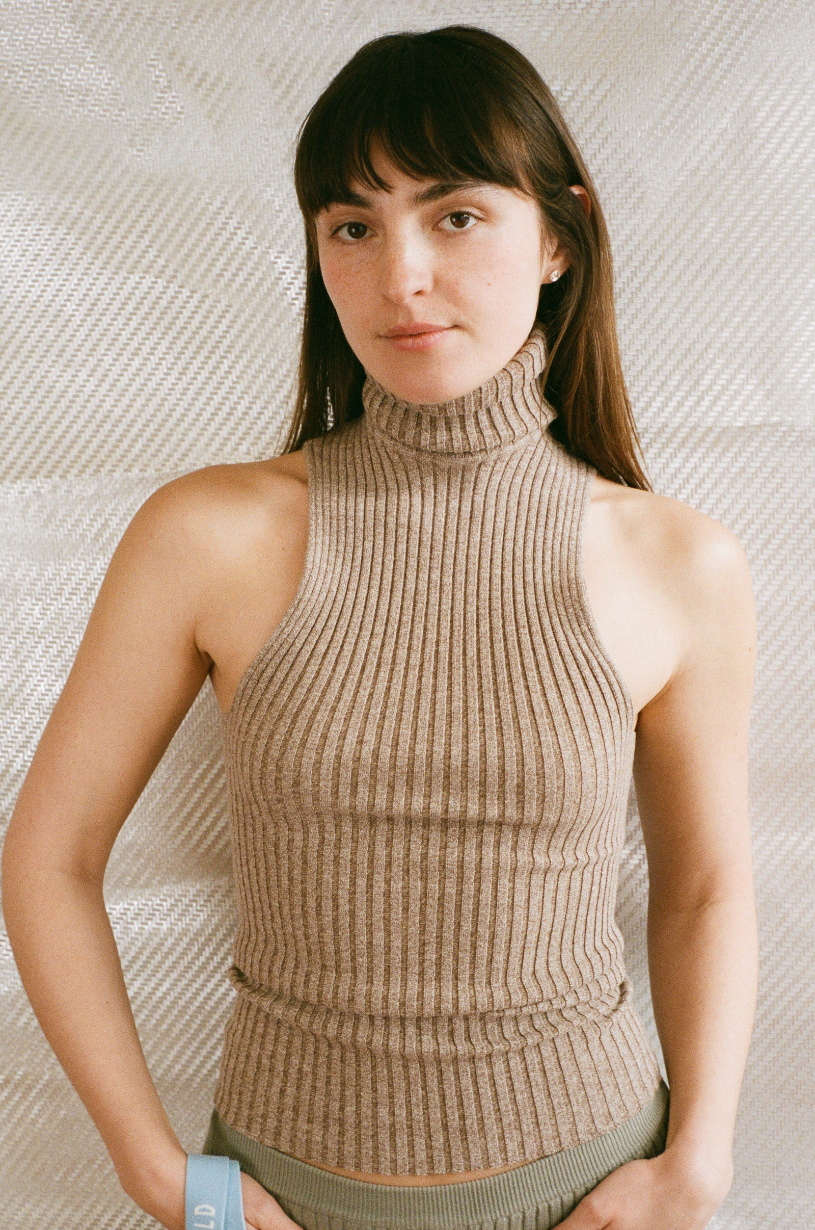 brown cotton lycra sleeveless fitted ribbed turtleneck