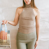 brown cotton lycra sleeveless fitted ribbed turtleneck