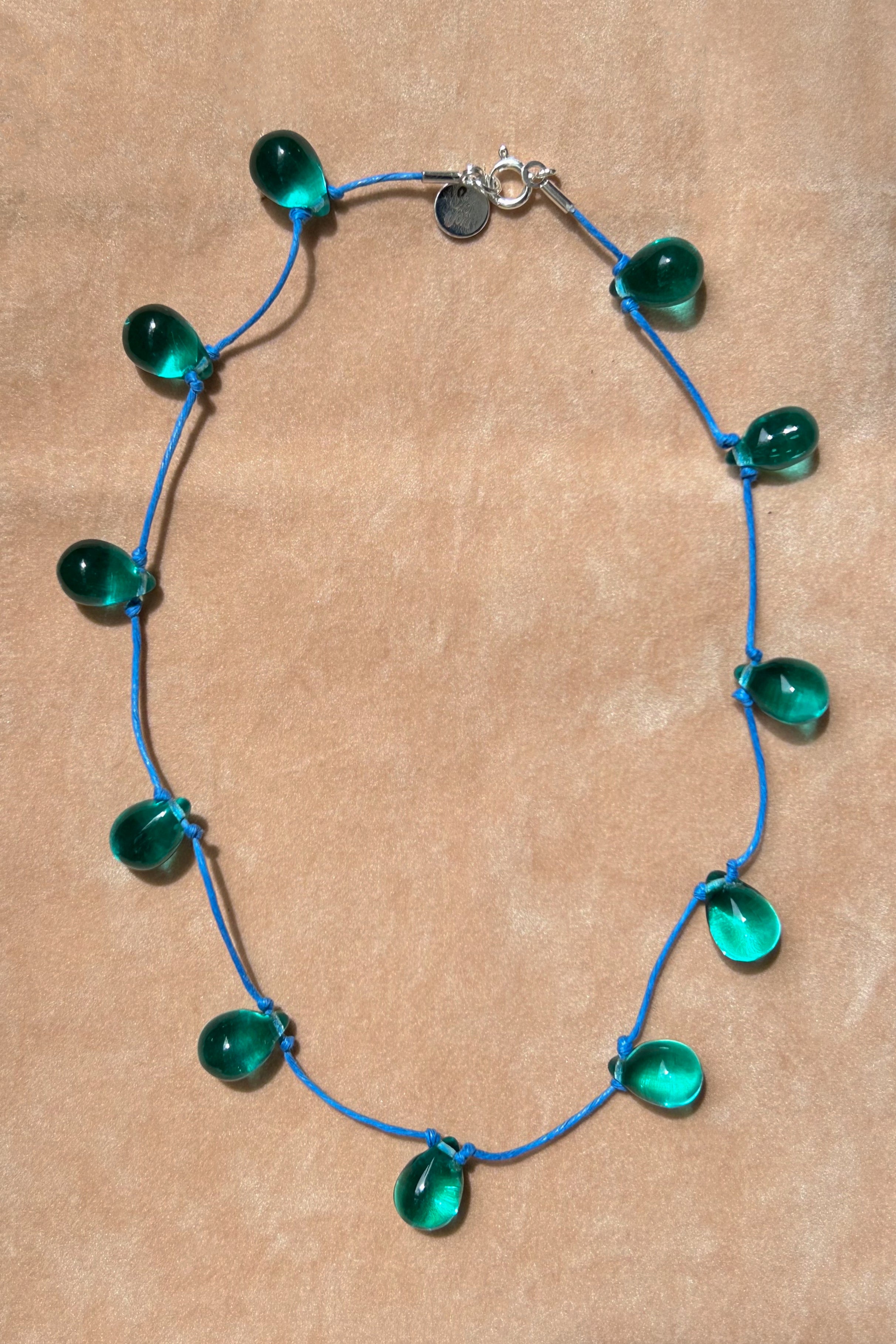 clear vintage Czech glass beaded blue cord necklace