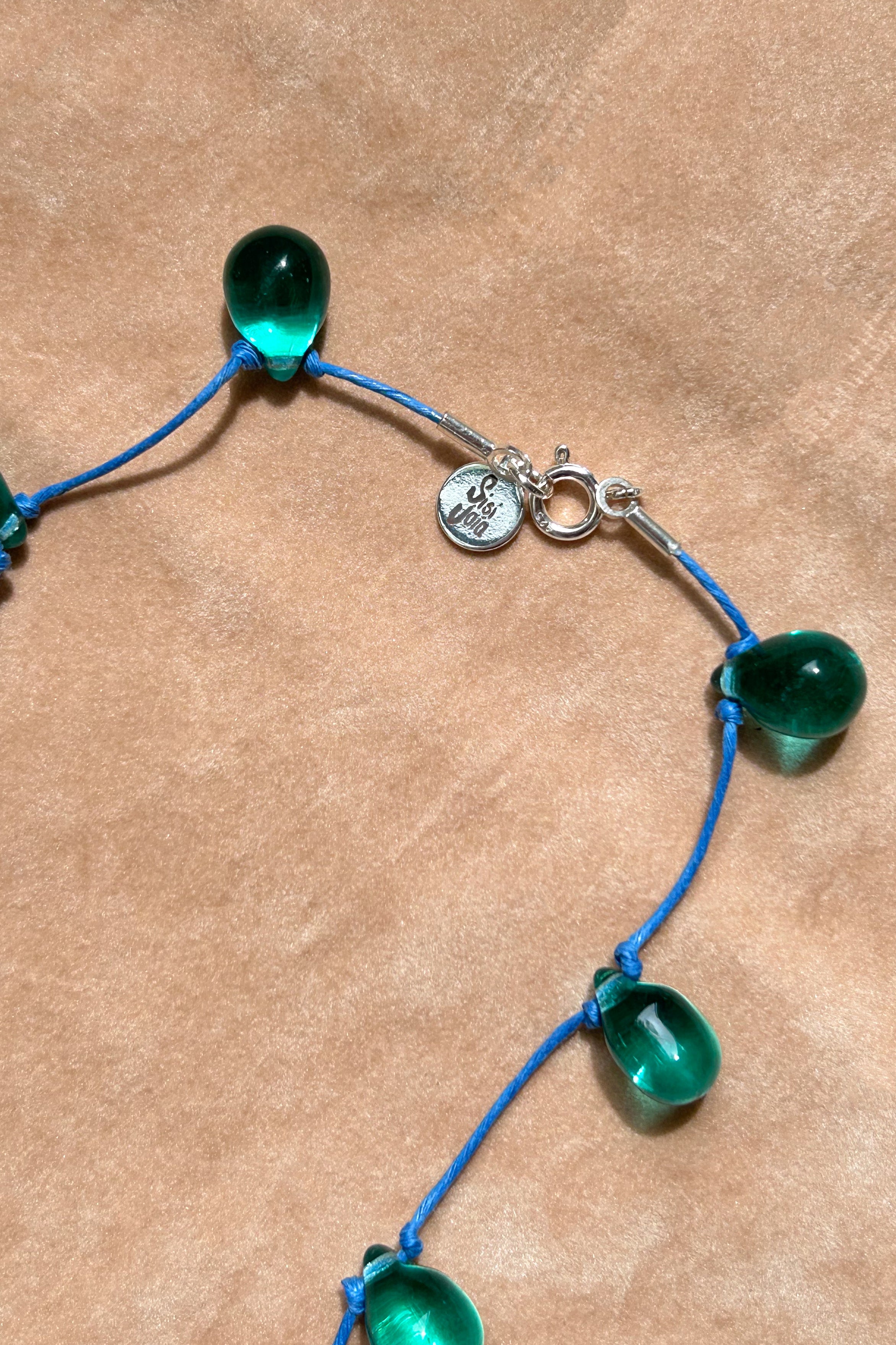 clear vintage Czech glass beaded blue cord necklace