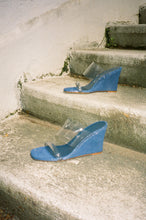 Load image into Gallery viewer, blue glitter clear strap wedge heel