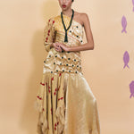 champagne silk cotton textile manipulated one shoulder dress