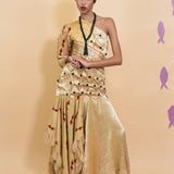 champagne silk cotton textile manipulated one shoulder dress