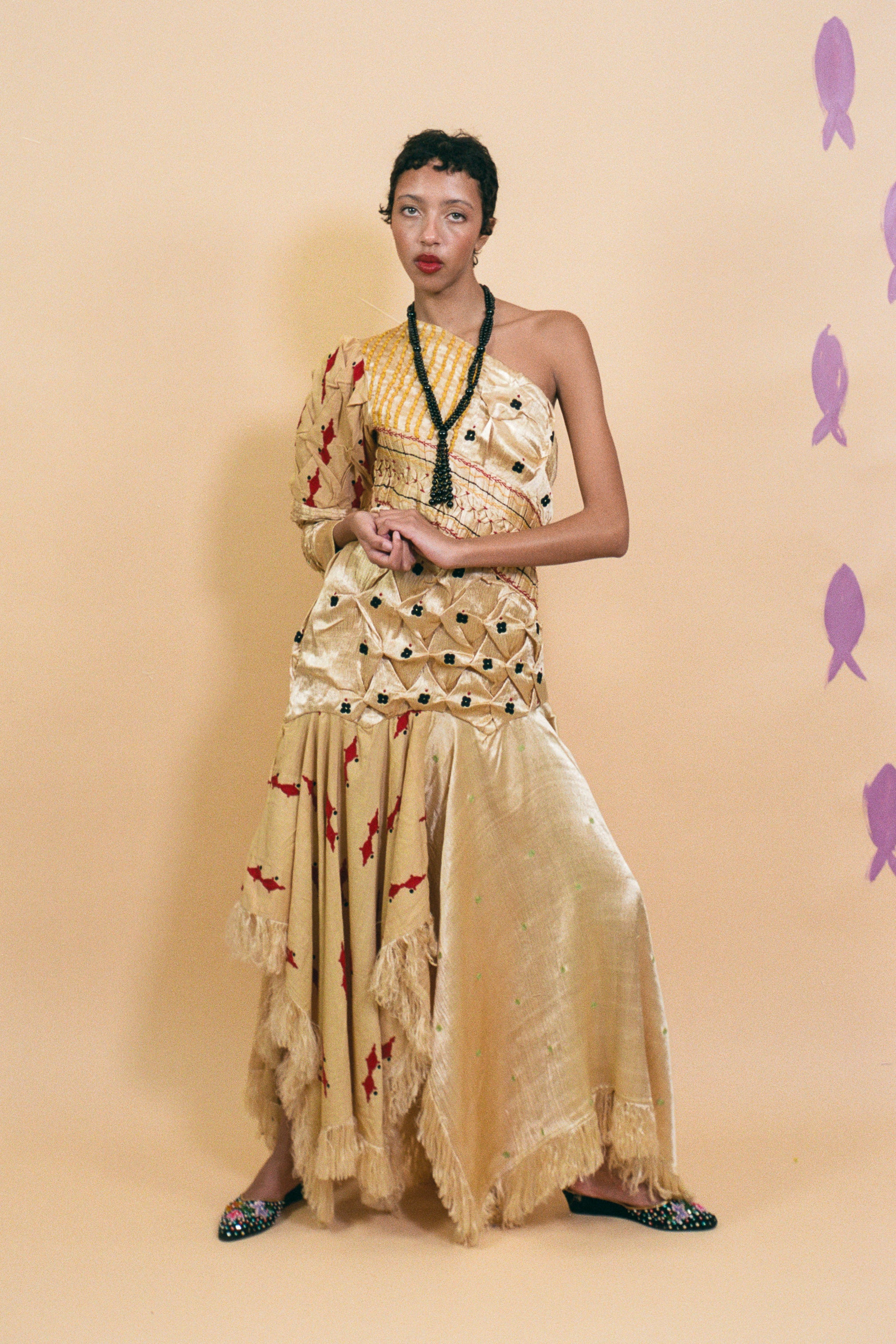 champagne silk cotton textile manipulated one shoulder dress