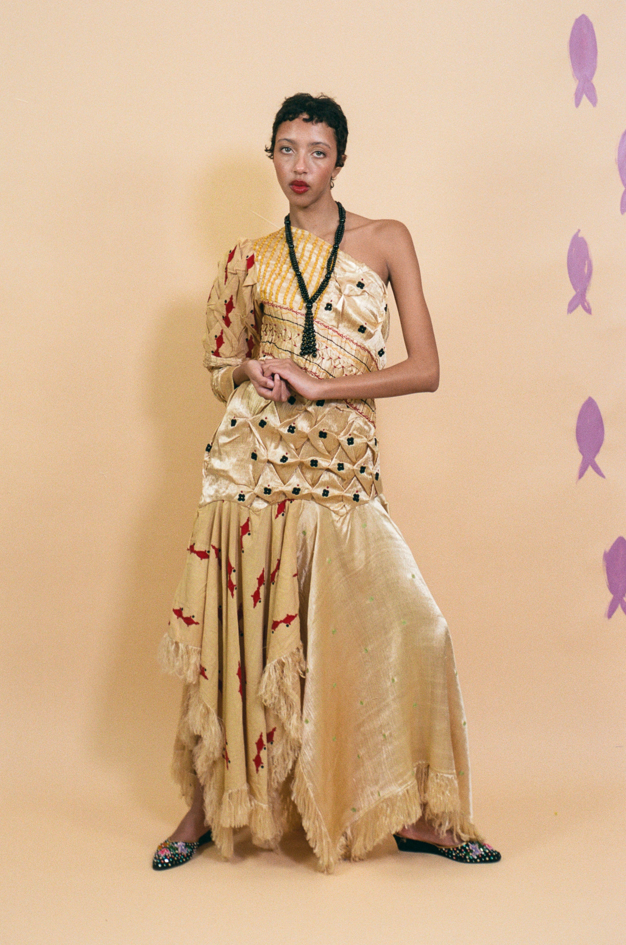 champagne silk cotton textile manipulated one shoulder dress