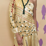 champagne silk cotton textile manipulated one shoulder dress