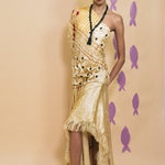 champagne silk cotton textile manipulated one shoulder dress
