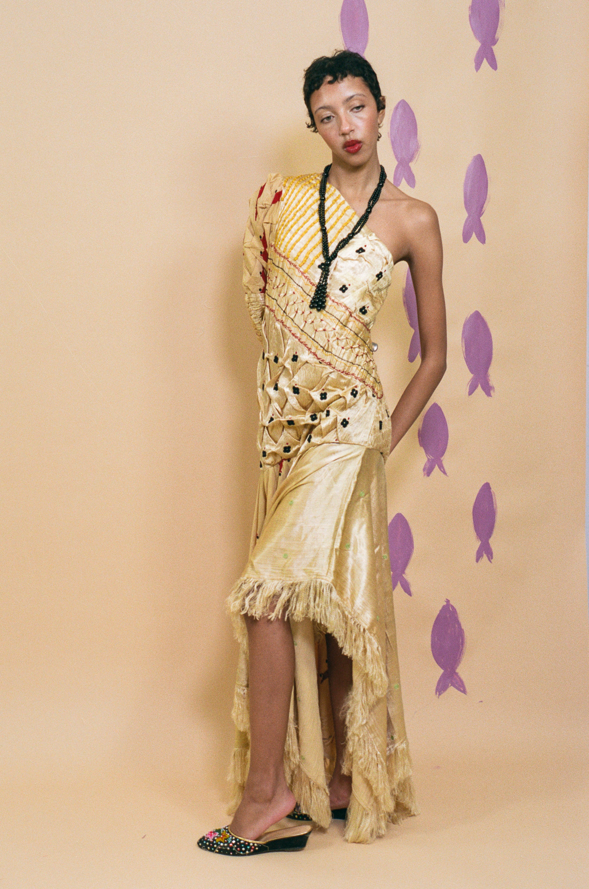 champagne silk cotton textile manipulated one shoulder dress