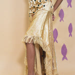 champagne silk cotton textile manipulated one shoulder dress