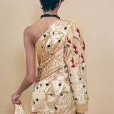 champagne silk cotton textile manipulated one shoulder dress