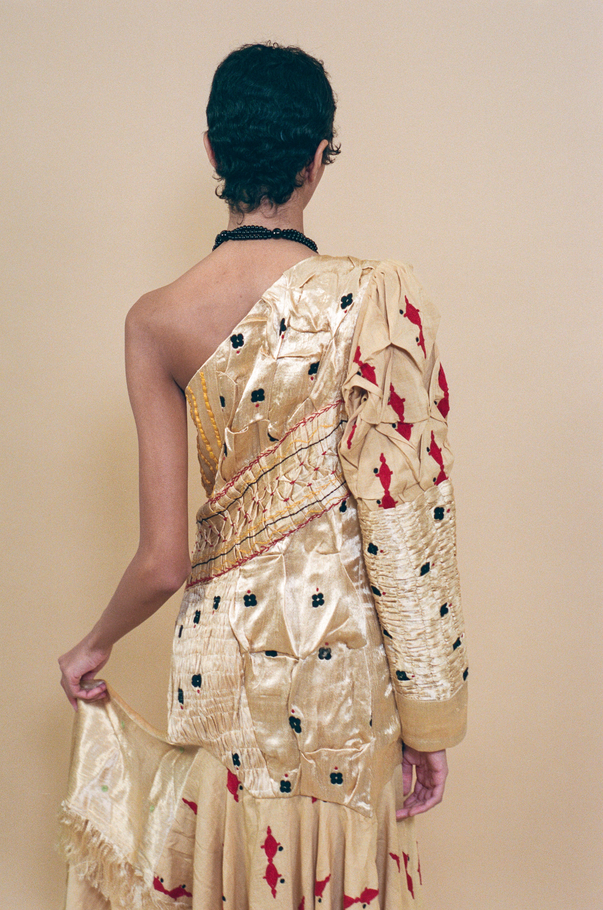 champagne silk cotton textile manipulated one shoulder dress