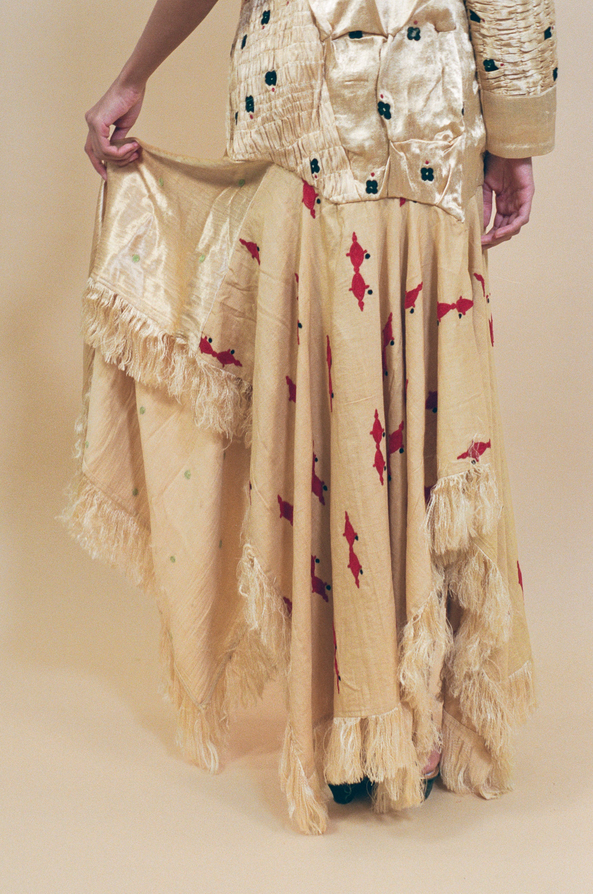 champagne silk cotton textile manipulated one shoulder dress