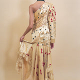 champagne silk cotton textile manipulated one shoulder dress