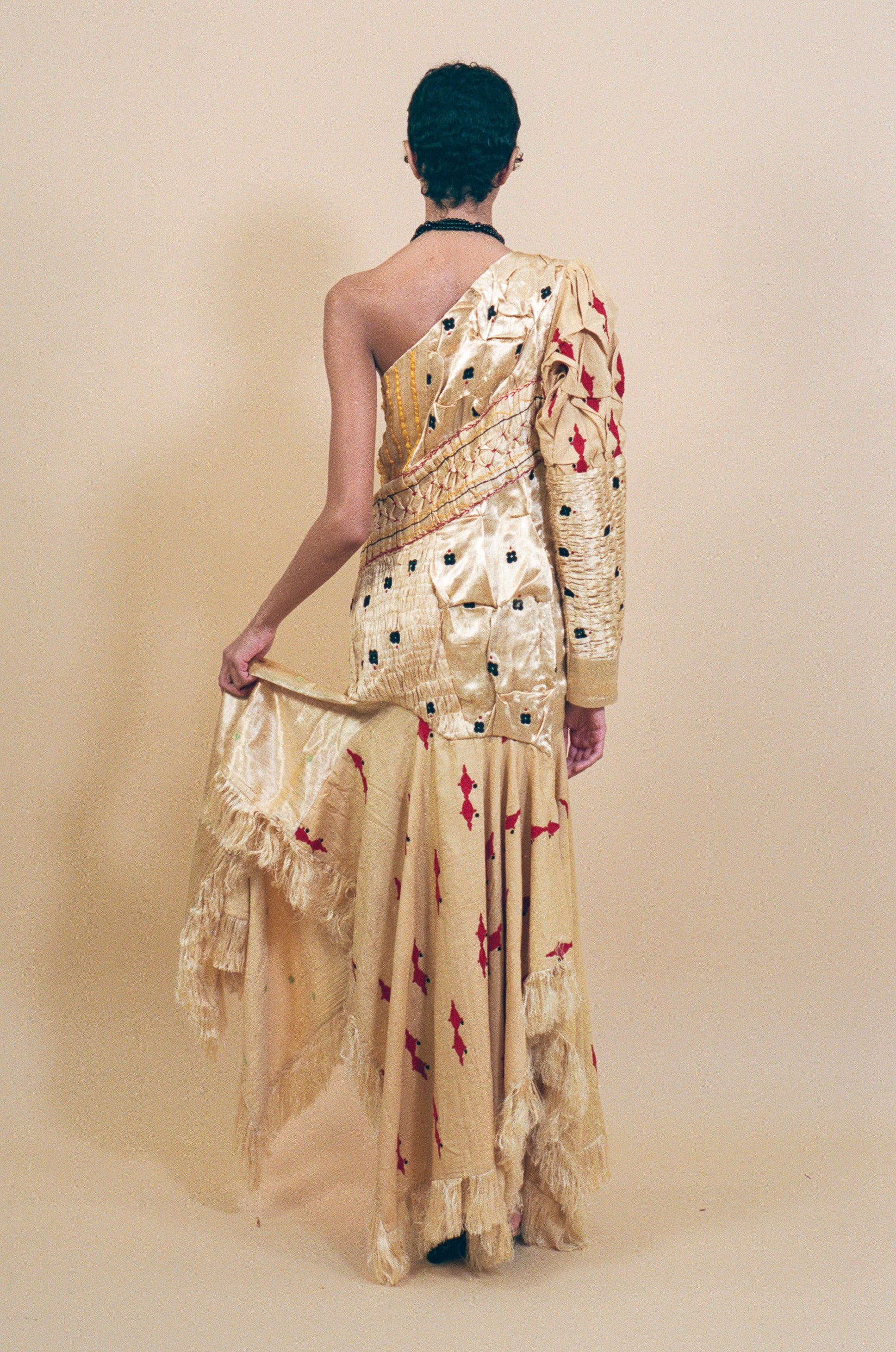 champagne silk cotton textile manipulated one shoulder dress