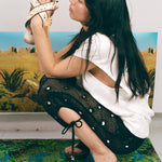 white sequin criss cross wooden platform sandal