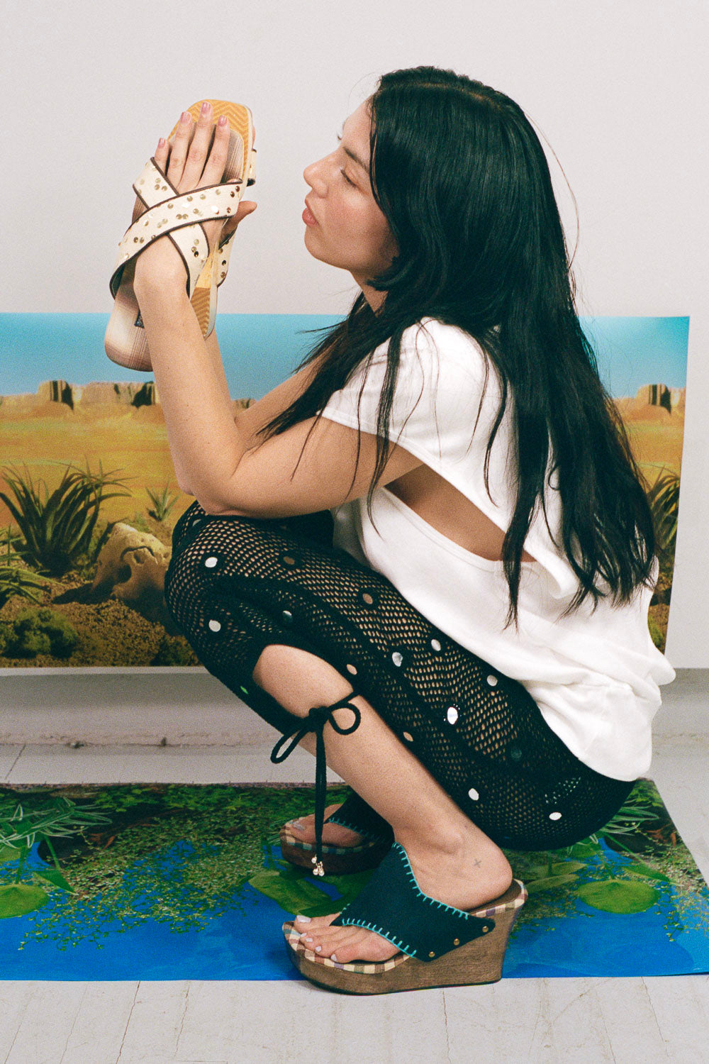white sequin criss cross wooden platform sandal