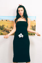 Load image into Gallery viewer, black leather belt silver blue orchid stuffed buckle