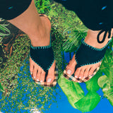 navy nubuck leather thick thong wooden platform sandal