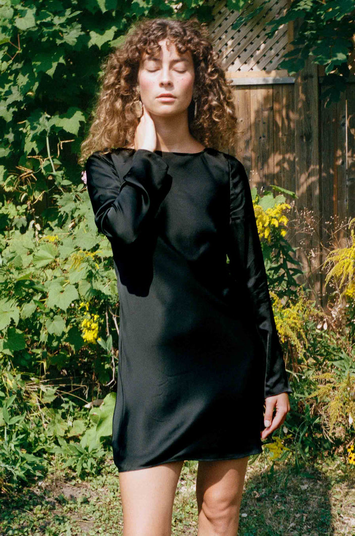 silky black viscose bias cut mini dress