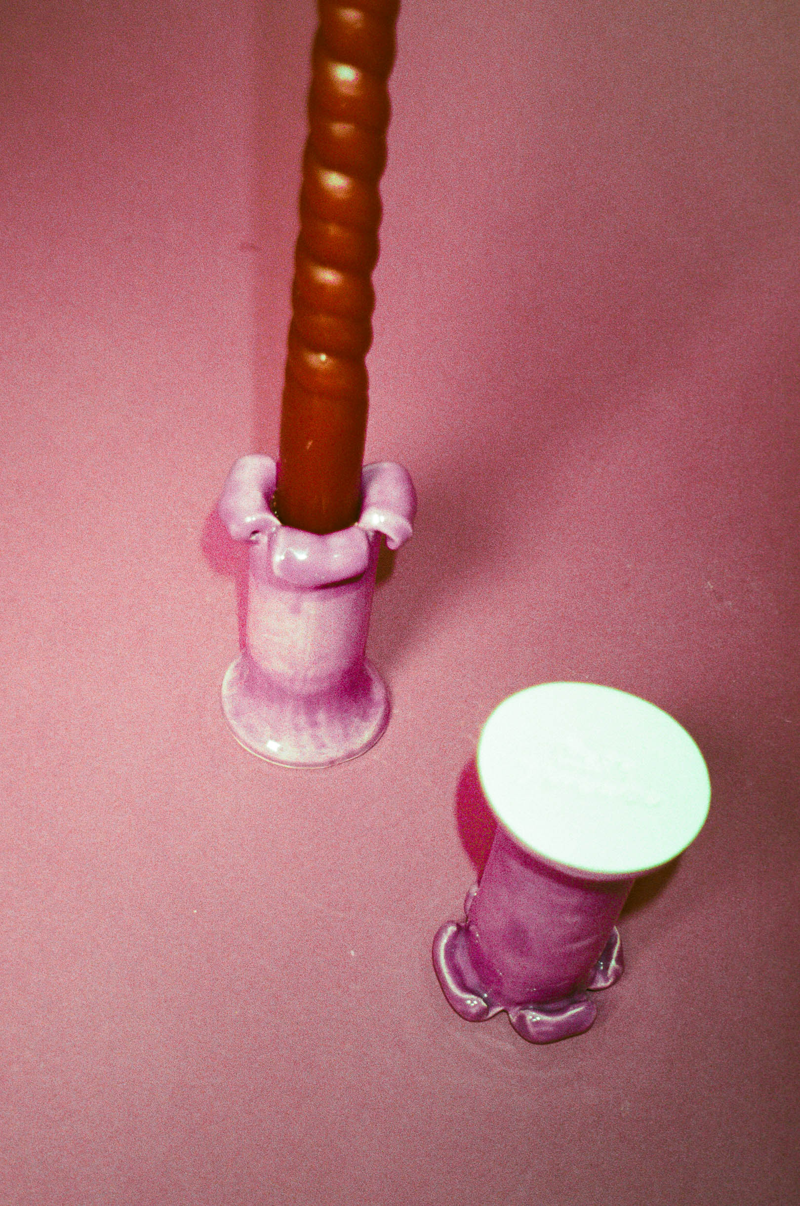 ceramic glazed petal top candleholders in mauve purple