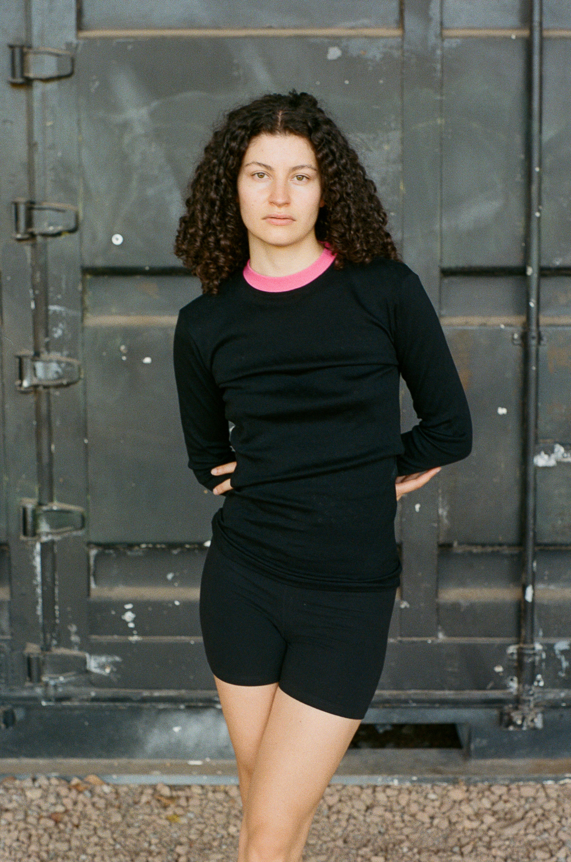 black hot pink cotton elastane pointelle long sleeve