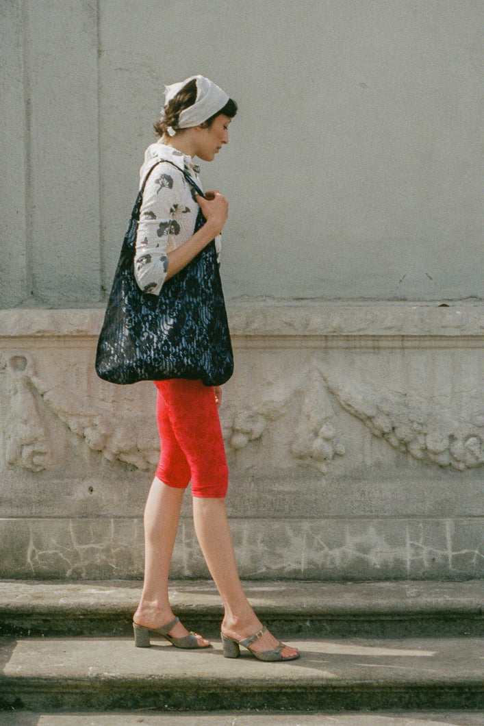 polyester cotton blue stripe black lace large bag