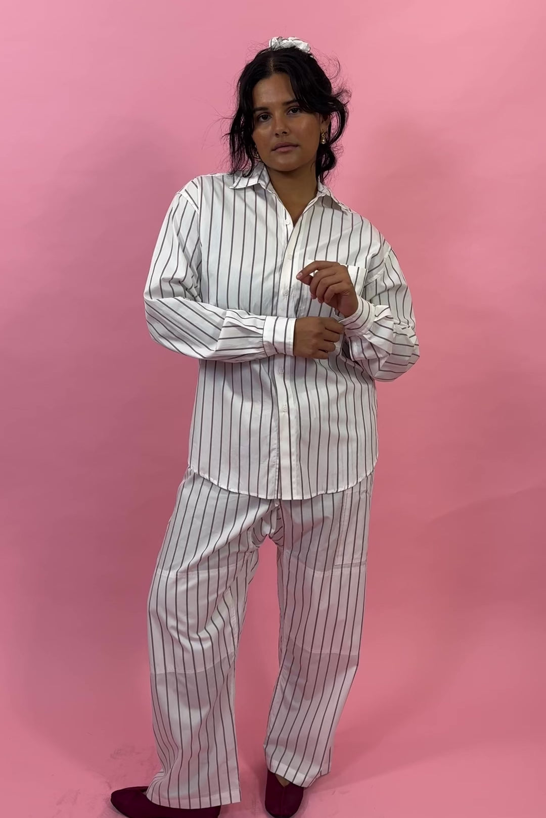 white burgundy striped oversized cotton longsleeve button up