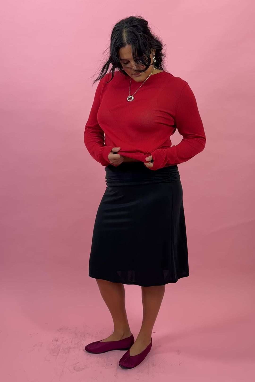 ruby red cotton nylon sheer longsleeve pullover sweater