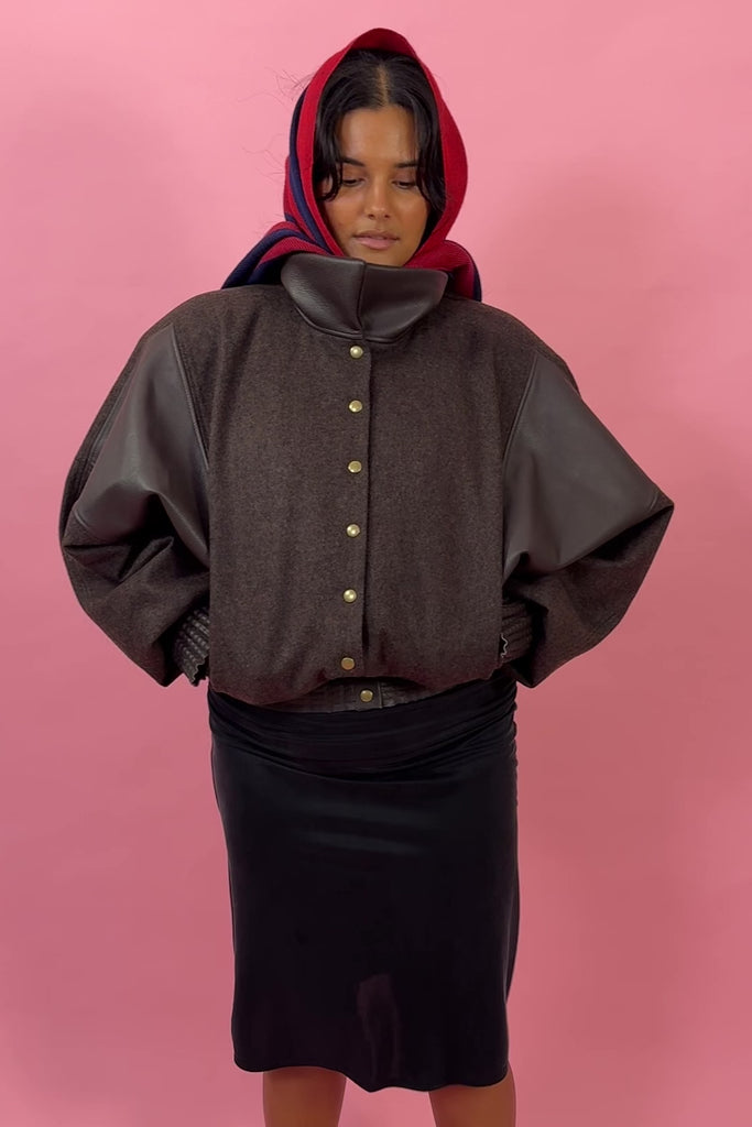 brown wool leather oversized bomber jacket