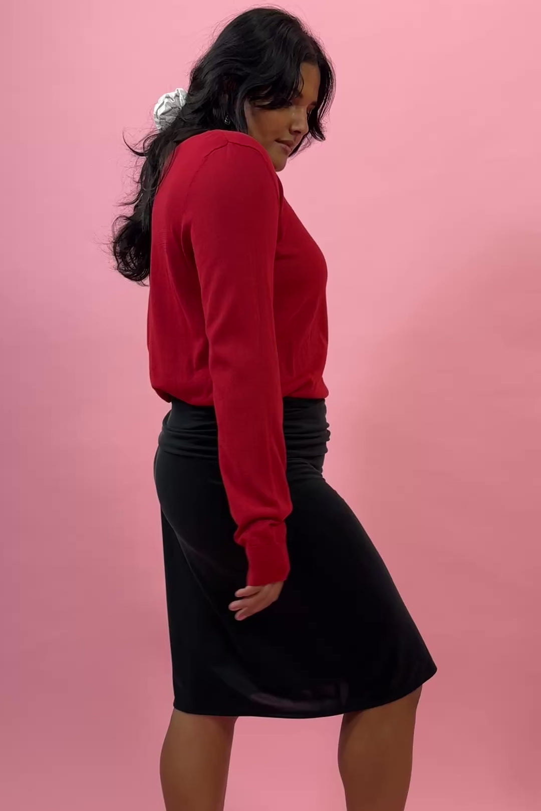 black cupro polyester low rise fitted flare skirt