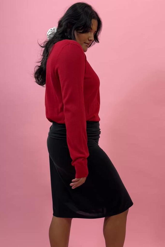 black cupro polyester low rise fitted flare skirt