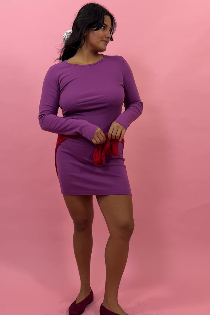 purple cotton long sleeve fitted mini dress