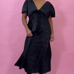 black silk jacquard bias cut dress with bow