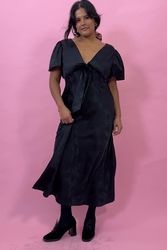 black silk jacquard bias cut dress with bow