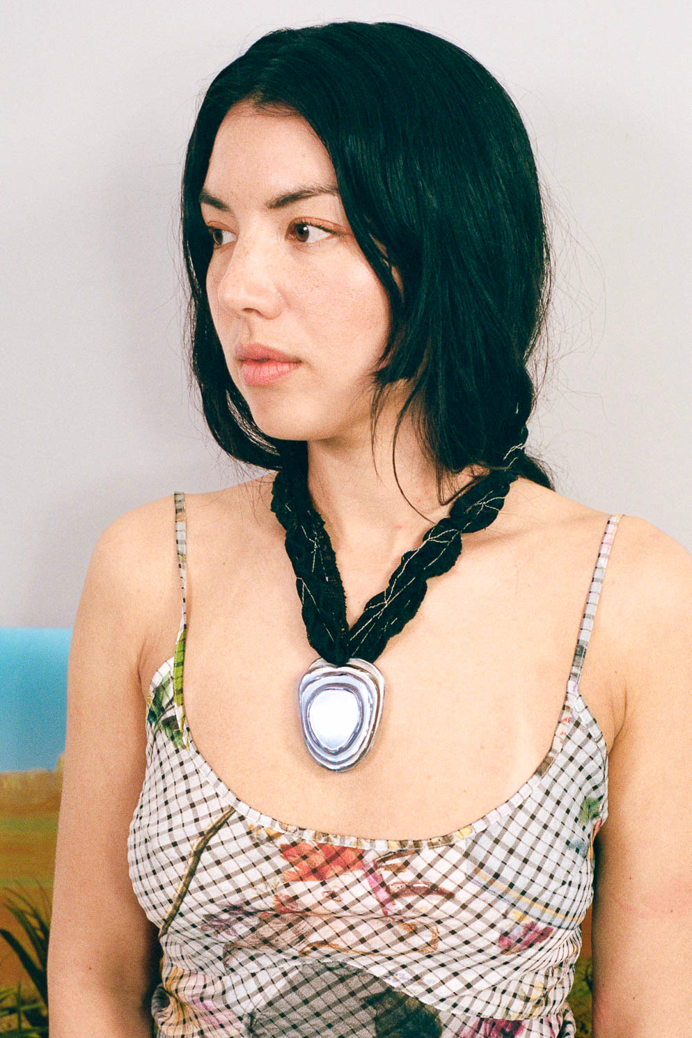 icy blue glass pendant black lace cord necklace