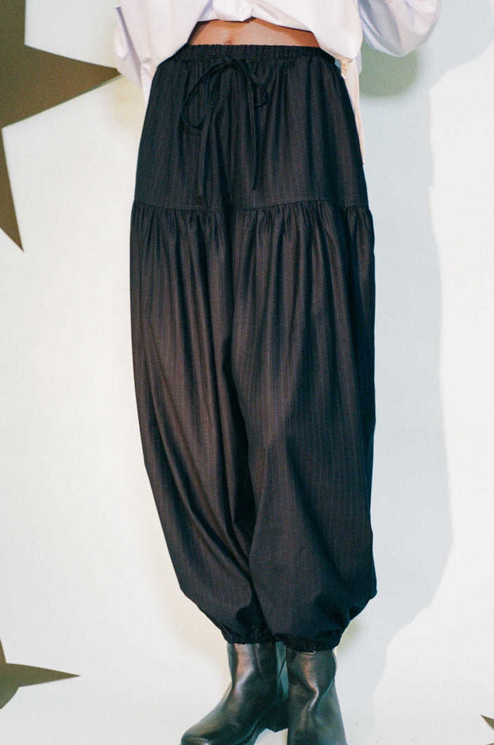 navy wool pinstripe 80s fashion jogger pant