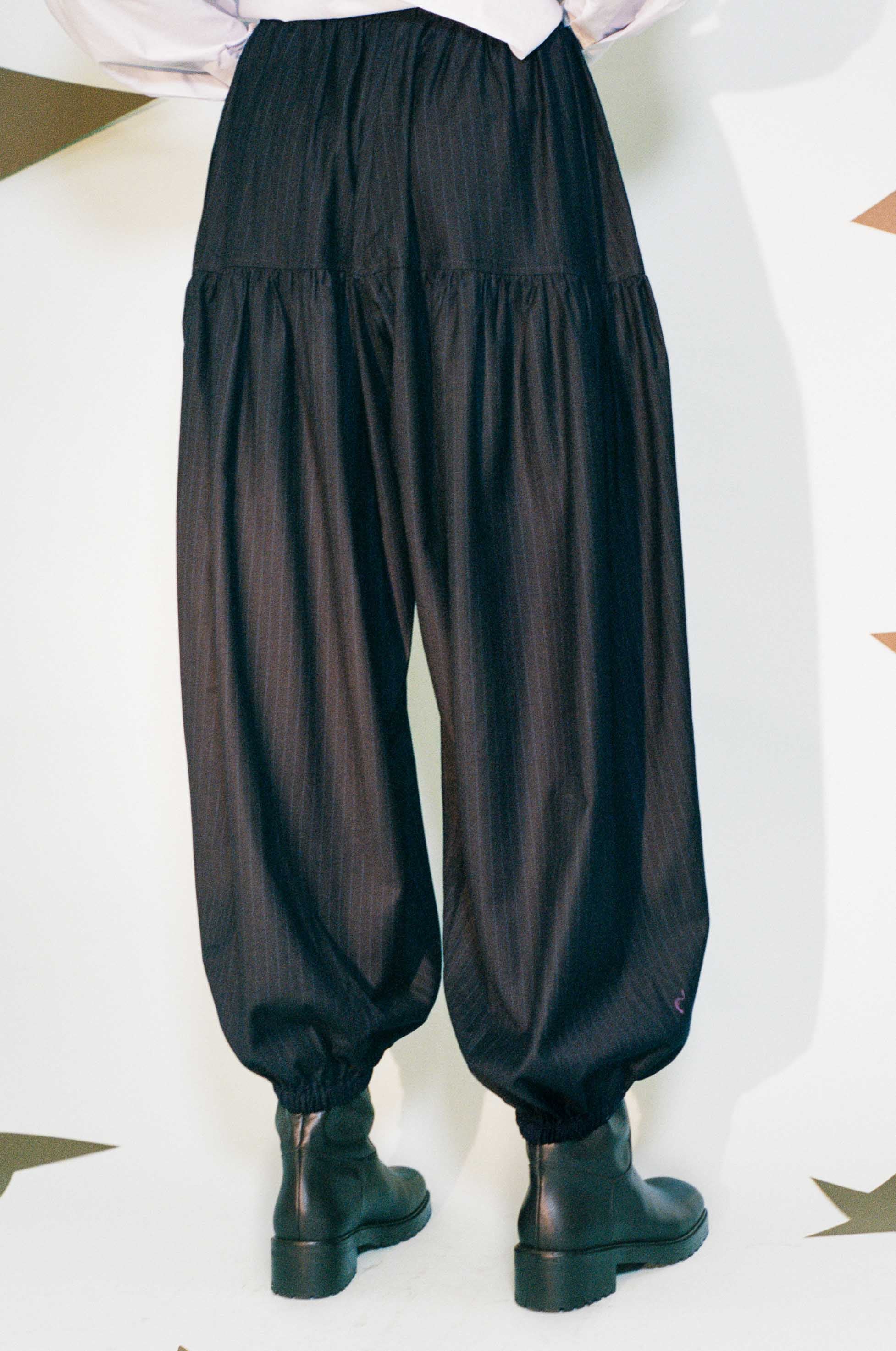 navy wool pinstripe 80s fashion jogger pant